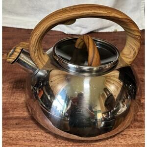 BRANDANI Tea Kettle 3 Quart Faux Wood Soft Touch Handle Stainless Steel